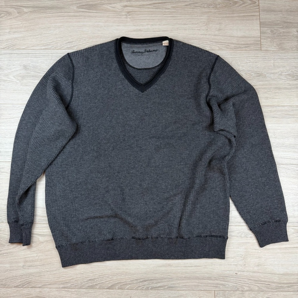 Tommy Bahama Waffle Knit Thermal Gray V-Neck Wool Blend Sweater Pullover Size XL